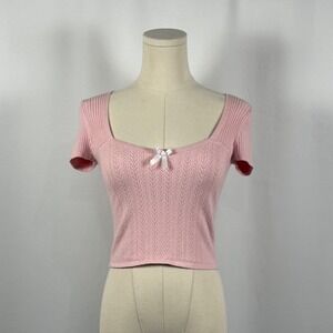Pink Square Neck Short Sleeve Knit Crop Top Bow Detail